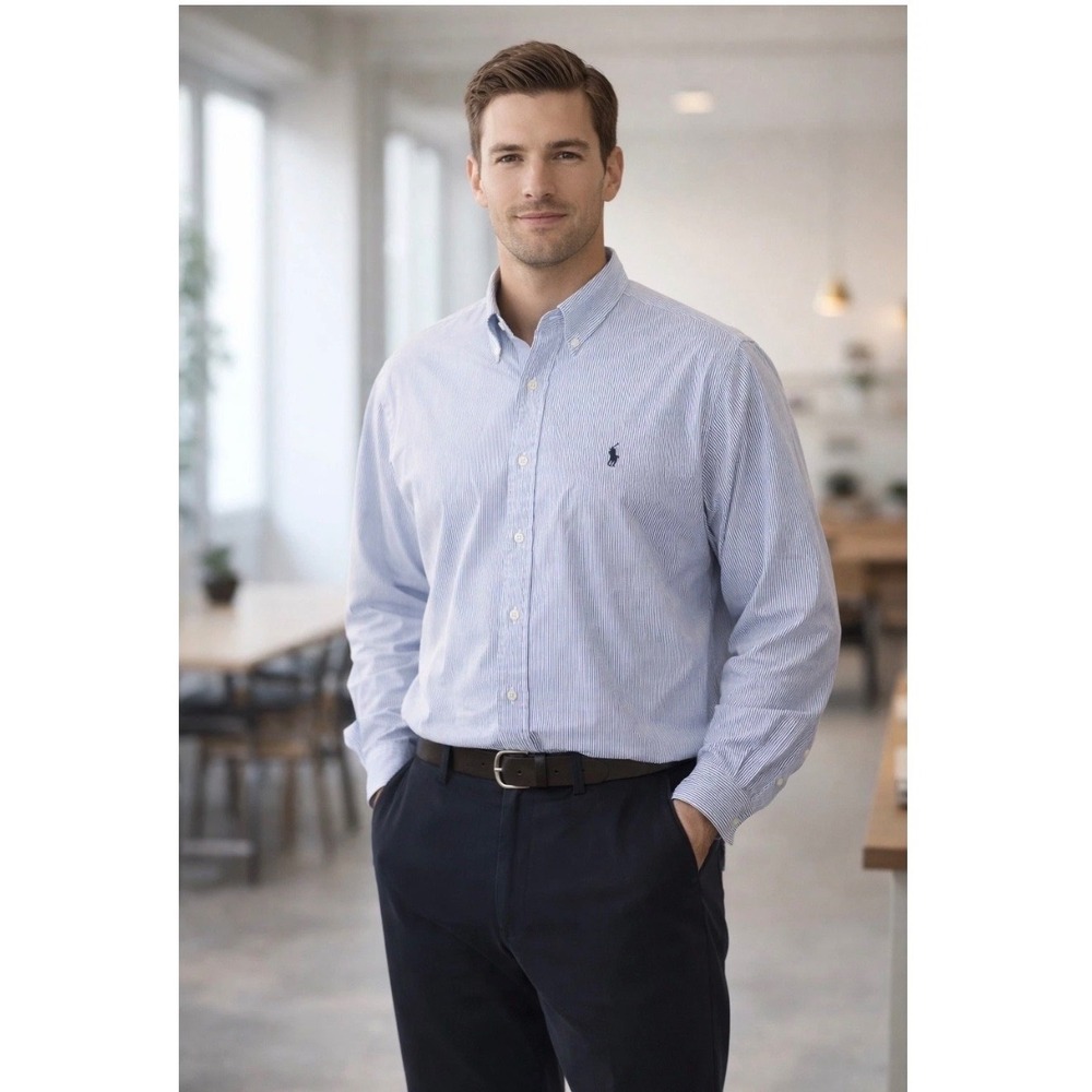 Ralph Lauren Blake Mens XXL Blue White Pinstripe Button Down Shirt Long Sleeve